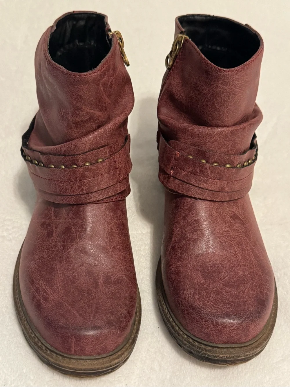 French Blu Women's Burgundy Leather Ankle Boots Studded Strap Size 6.5 / EU 37